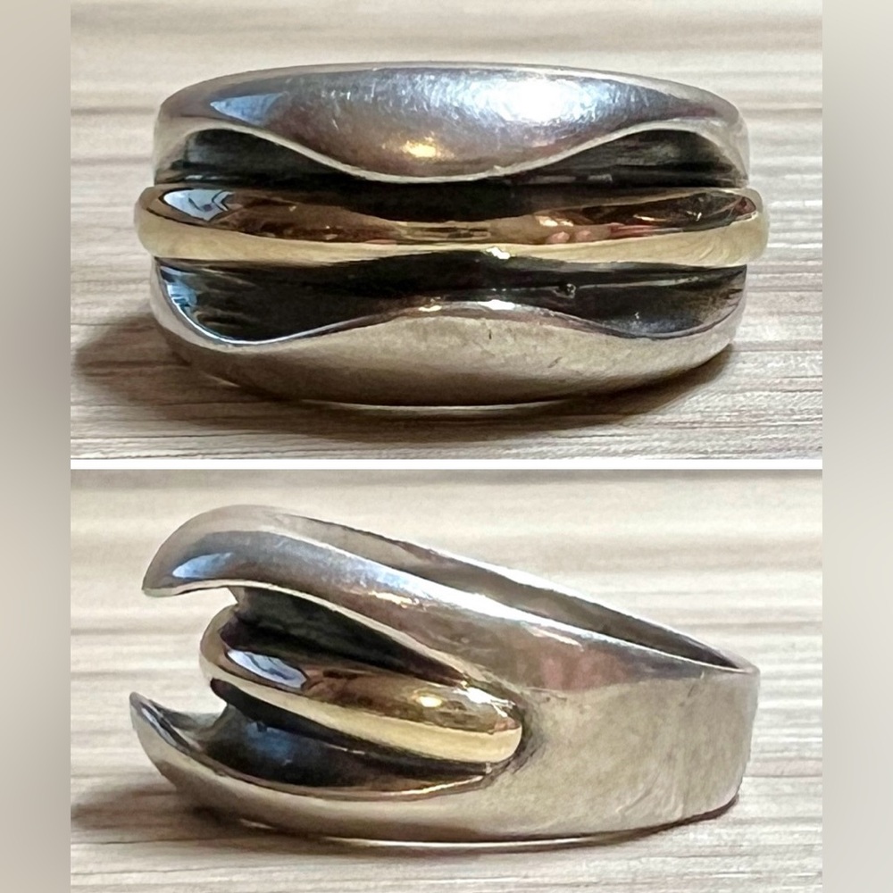 Sterling Silver & 18K Yellow Gold Organically Carved Modernist Dome Ring, Size 7